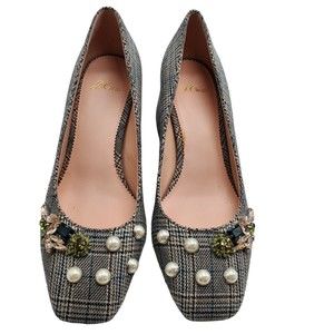 J Crew Celia Pumps Jeweled Glen Plaid Block Heel Plaid Rhinestone Pearl 9.5